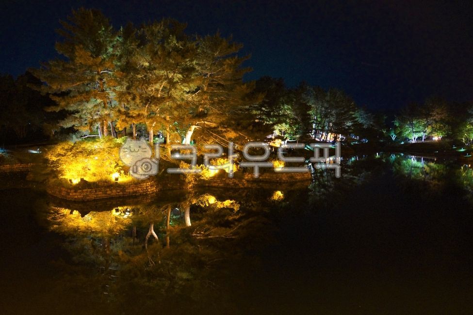 night view,Unified Silla,pond,night scenery,reflection,Anapji Pond,night,Silla,Anapji night view,trees,Gyeongju,Korean cultural heritage,Gyeongju attractions,Korean tourist attractions,pond scenery,cultural assets,projection,traditional architecture,Korea