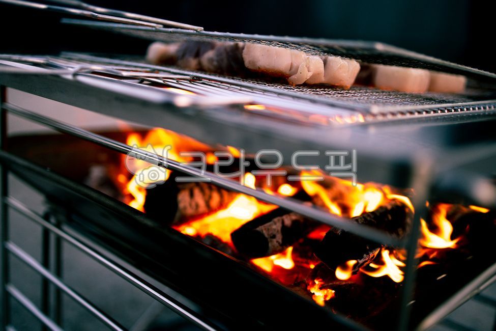 Grilled over direct fire,fireplace,food,BBQ,bbq,pork belly,brazier,indoors,fire hole,fire,bonfire,Camping,neck meat,Fireplace