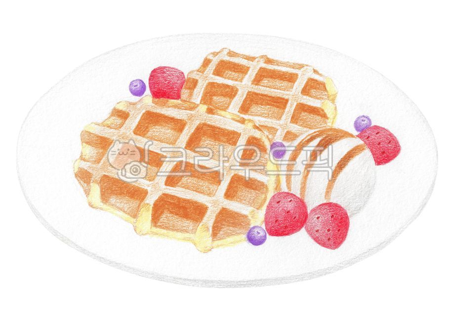 일러스트,색연필,그림,드로잉,색연필화,음식,식품,디저트,와플,아이스크림,블루베리,딸기,과일