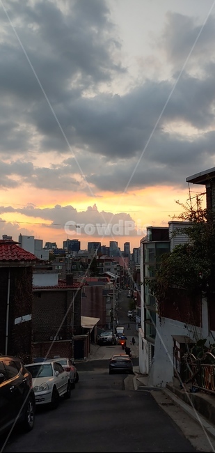 노을,오토바이,자동차,저녁노을,언덕