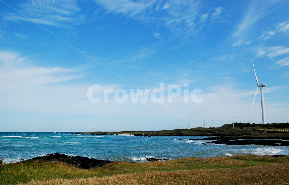 blue sky,windmill,jeju island,Jeju Island sea,wind power plant