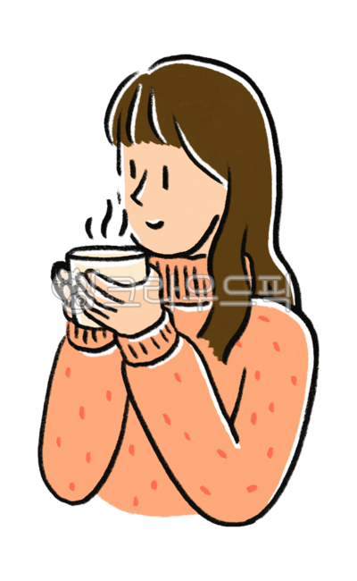 커피마시는여자,일러스트,여자,사람,상반신,따뜻한커피,따듯한차,니트,미소