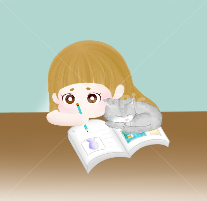 고양이,공부,외로움,쓸쓸함,고독,열공모드,열정,어린아이,아이,여자,애완동물,그림,그림책,만화책,책상,study,cat,cute,girl,kid,child,lonely,alone,그래픽,일러스트레이션,graphic,illustration