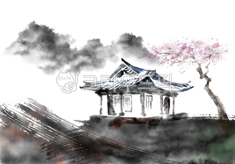 수묵화,한옥,한국전통가옥,한국화,동양화,기와,기와지붕,한옥지붕,기와집,물감번짐,수채화,붓터치,손그림,한국전통배경,먹물번짐,색번짐,브러시터치,흑백,번짐효과,먹그림,배경,흰색,흰바탕,흰색배경,누끼,배경이미지,예술,일러스트