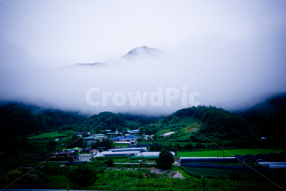 구름,산골,마을,시골,산