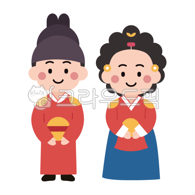 Flat illustration,character design,cute illustration,cartoon style,love,romance,smile,white background,digital art,hanbok couple,Korean couple,traditional clothing,Korean traditional culture,traditional wedding,wedding couple,couple illustr
