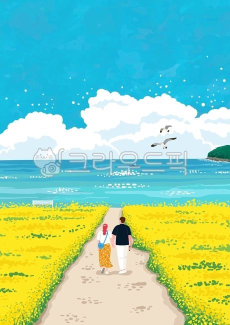 Spring,rape blossoms,rape blossom field,sea,waves,seagulls,summer,nature,yellow flowers,natural scenery,flowers,couples,men and women,walks,people,Jeju Island,canola flowers,chairs,benches,holidays,rest,healing,wild grass,sky,cloud