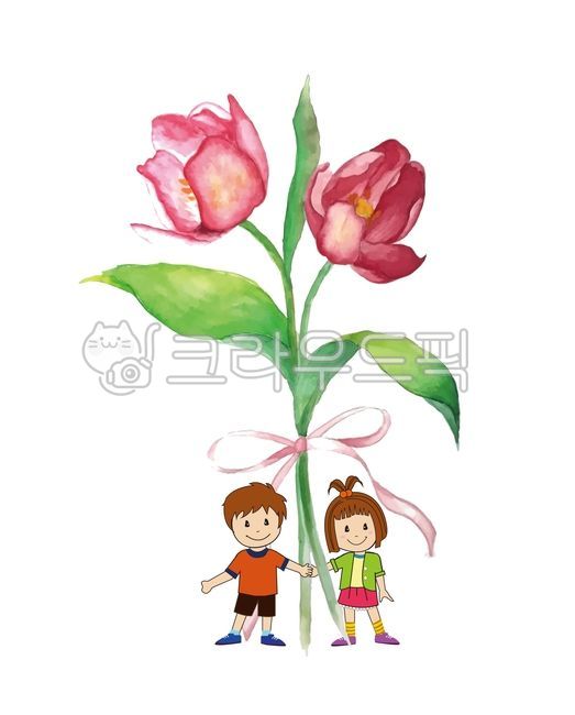 튜울립,꽃,아이들,어린이,유치원,리본,친구,어린이집,flower,식물,잎사귀,이파리,수채화,그래픽,일러스트레이션,graphic,illustration