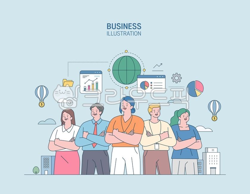 비즈니스,마케팅,남자,여자,비지니스맨,비지니스우먼,건물,빌딩,회사원,직장인,그래프,원그래프,막대그래프,열기구,비즈니스,사업,business,service,work,그래픽,일러스트레이션,graphic,illustration