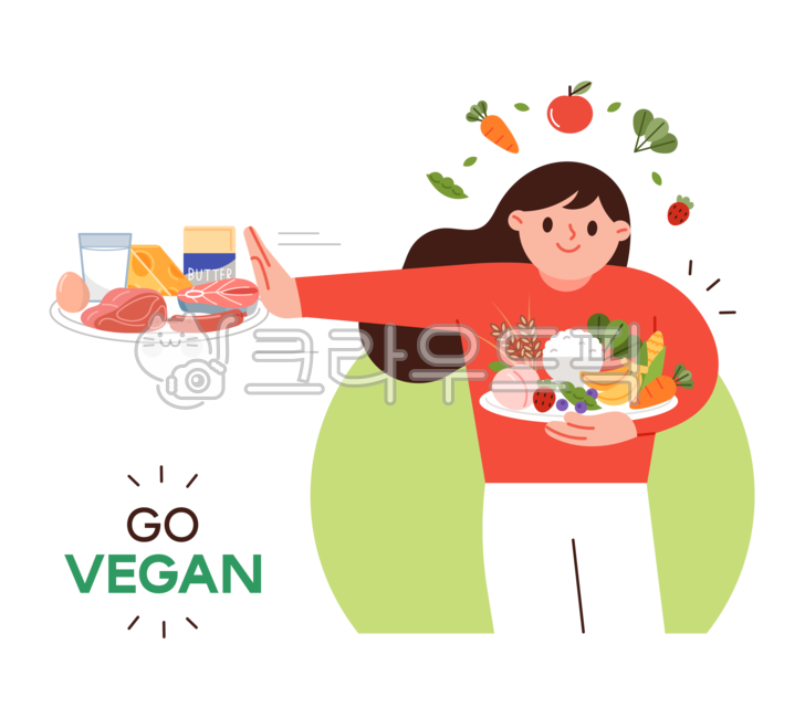 친환경,환경,그린,에코,자연,환경보호,자연친화적,지구,실천,캠페인,일러스트,사람,인물,캐릭터,귀여운,비건,여자,식물성식품,동물성식품,채식주의자,접시,음식,과일,채소,곡물,육류,자제,지향,유제품,png,지속가능한,라이프스타일