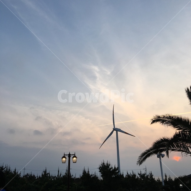 제주도,노을,풍경,하늘,구름,비행기,나무,전등,풍량발전기,에너지산업,energy industry,engine,엔진,motor,모터,machine,기계