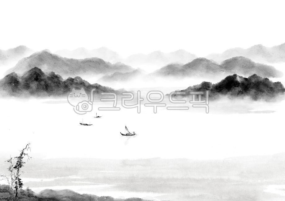 Oriental painting,ink painting,oriental painting illustration,ink painting illustration,ink painting,ink painting illustration,ink painting,ink,black and white painting,black and white,mountain,boat,landscape painting,landscape painting illus