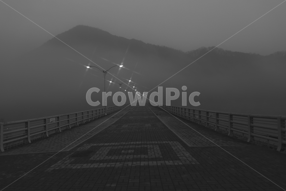 안개,산,보도,가로등,빛,아침,새벽,흑백,흑백,모노톤,monochrome,black and white