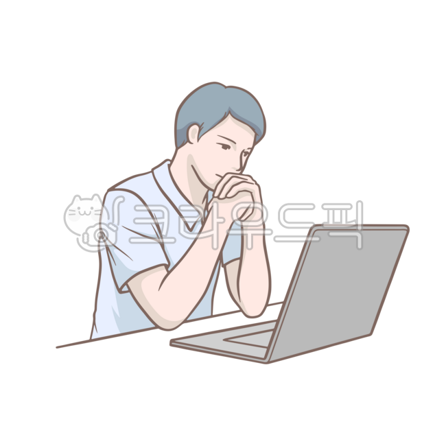 앉아있는,일하는,일하다,턱을괸,집중,고민하는,생각하는,유능한,멋진,멋있는,프로그래머,셔츠,반팔,컴퓨터,노트북,랩탑,인터넷,비즈니스,직장인,직장,직원,회사원,회사,20대,30대,40대,어른,남자,남성,사람,인물,캐릭터,손그림,드로잉,일러스트레이션