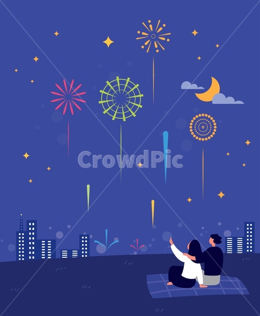 불꽃축제,폭죽,불꽃,페스티벌,페스티발,시티,도시,구경,축제,이벤트,반짝이,별,밤,하늘,배경,백그라운드,일러스트,벡터,초승달,야경,돗자리,야외,공원,잔디밭,커플,여자,남자,사람,인물,그림,여름,축제,행사,festival,carnival,event,그래픽,일러스트레이션,graphic,illustration