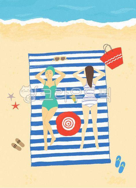 여름,계절,백그라운드,일러스트레이션,일러스트,그림,드로잉,인물,사람,여름배경,여름방학,방학,휴가,여름휴가,해수욕,수영,태닝,돗자리,매트,여자,수영복,모자,슬리퍼,불가사리,가방,모래사장,모래밭,바닷가,바다,휴식,여유로운,summer,people,person,vacation,illustration,drawing,woman,female,sea,beach,여름,계절,summer,season,그래픽,일러스트레이션,graphic,illustration