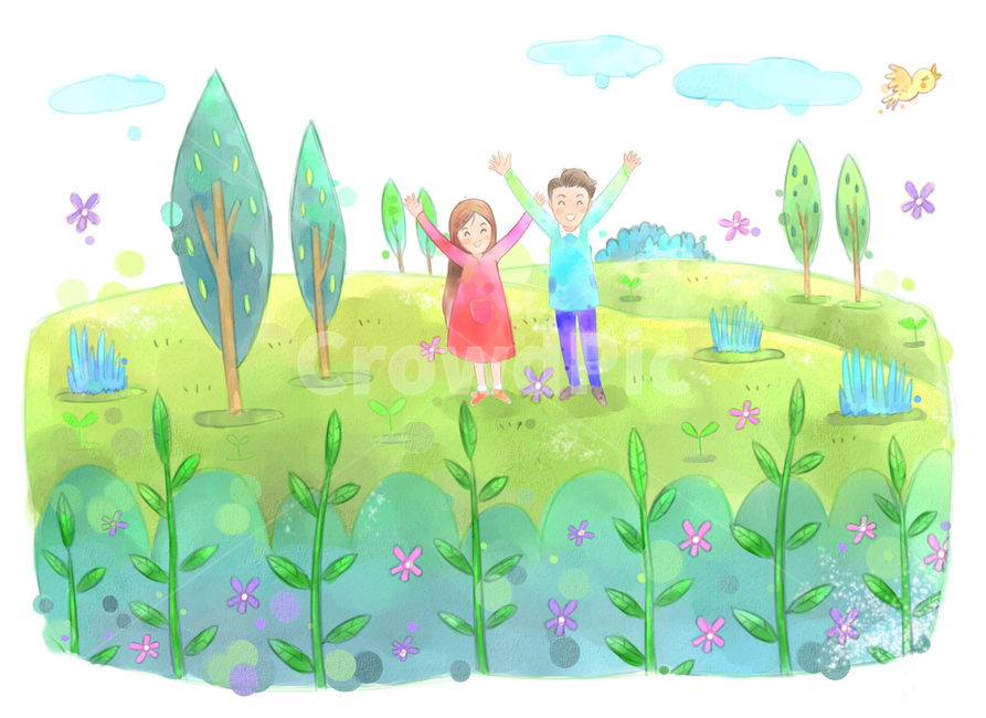 leaf of grass,couple,spring semester,Brightness,lightness,spring breeze,oil paint,stretching,situation picture,smile,spring,cloud,pastel,character,leaves,bird,sight,drawing,season,hurray,conversation,laugh,family month,spring outing,warmth,hand drawing,pl
