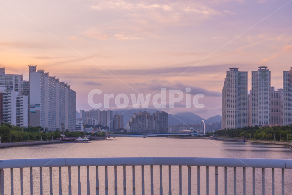 railing,banister,handrail,난간,강,lake,river,호수,울타리,다리,bridge,아파트,건물,building,sky,하늘,sunset,노을,해질녘,구름,cloud,물,water,선셋,도시,풍경,city,landscape,한국도시풍경,한국도시경관,korea cityscape
