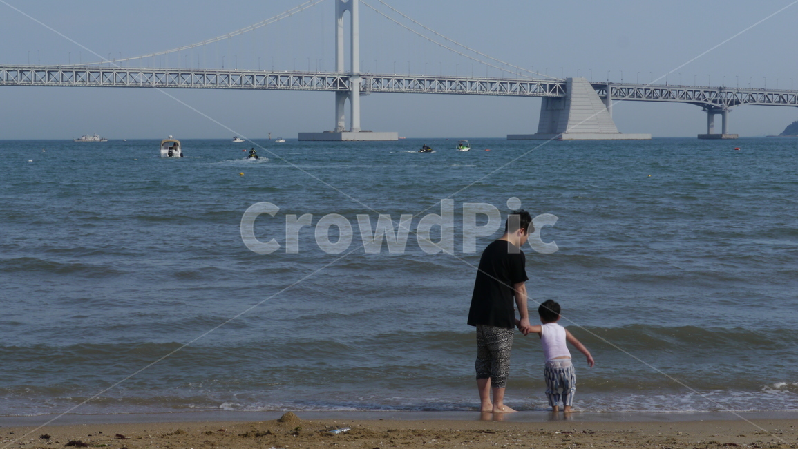 광안리,바다,여자아기,가족,남자아기