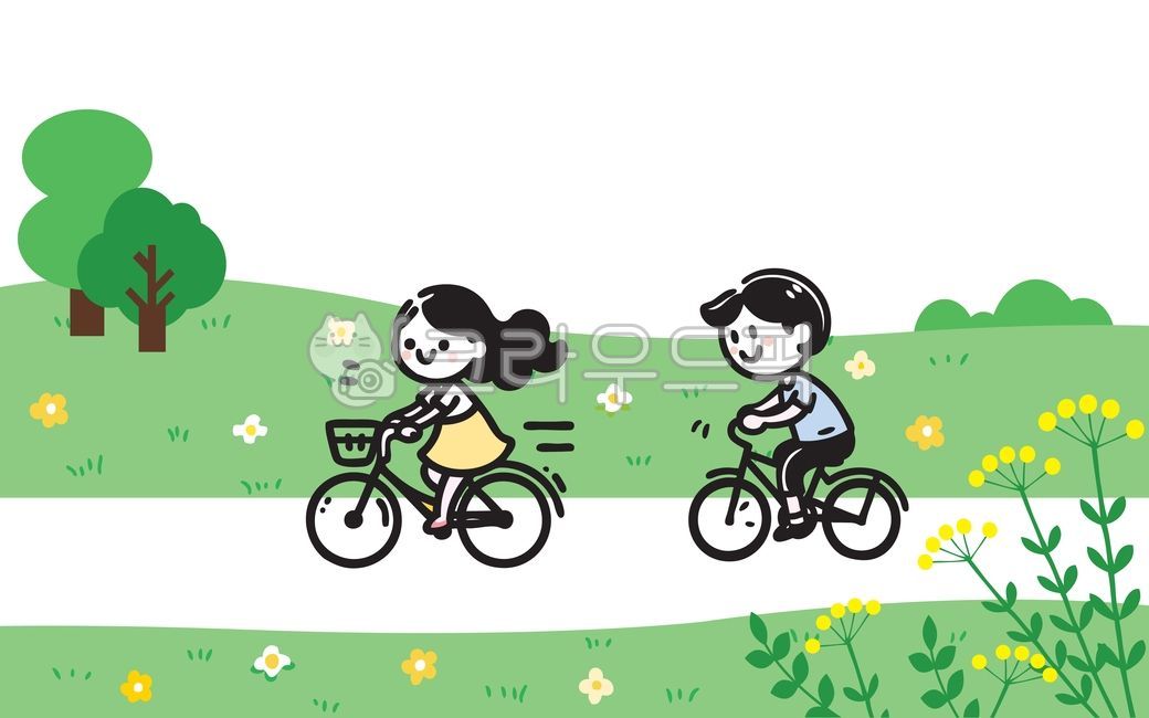 자전거라이딩,유산소운동,바구니자전거,여자,여성,남자,남성,야외,들판,들판배경,나무,나무배경,자연,자연배경,나무일러스트,잔디일러스트,자연일러스트,꽃일러스트,꽃,들판일러스트,bicycle,자전거