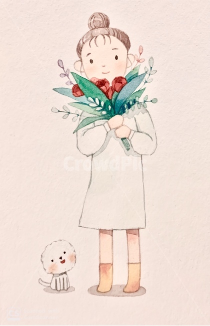 수채화,소녀,꽃,봄,수작업