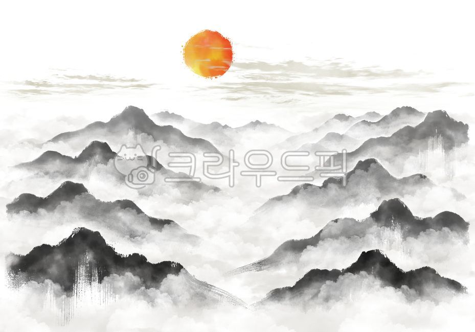 수묵화,산수화,한국화,동양화,먹,물감,물감번짐,수채화,붓터치,손그림,흑백,산,하늘,구름,자연,흐린,번짐효과,브러시,브러시터치,수채화배경,수묵화배경,번짐,색번짐,붓,먹물,풍경,아웃도어,배경,흰색,흰바탕,누끼,먹그림,배경이미지,일러스트,해,태양,일출,일몰,안개