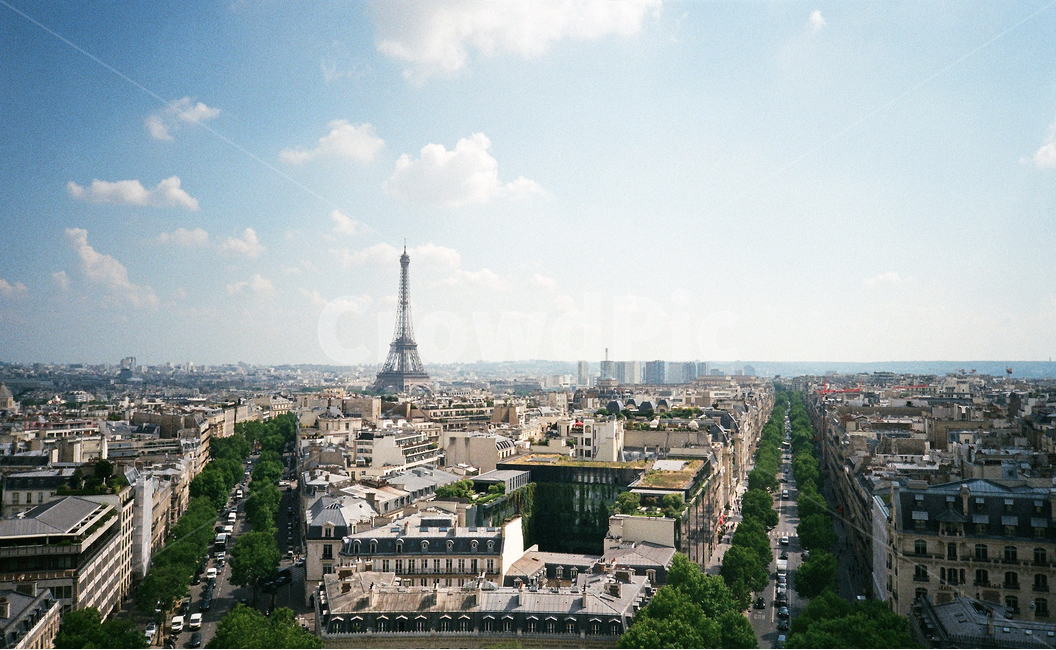 sky,eiffel tower,sights,city,Arc de Triomphe,film,scene,film photography,sight,land mark,The Eiffel Tower,landscape,film camera,tower