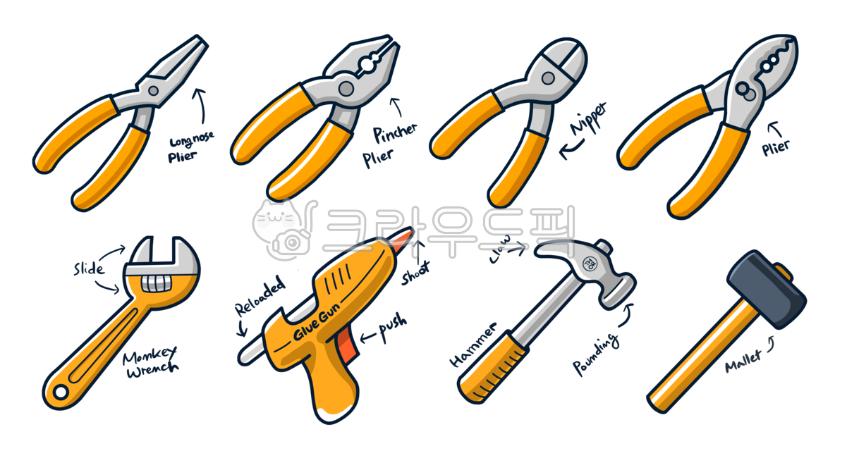 Pliers,pliers,hammer,spanner,glue gun,pliers,nippers,rubber mallets,tools,repair,work tools,tool box,educational illustration,icon design,tools,diy,pliers,hammer,wrench,glue gun,nippers,hand tools,construction tools,educational illu