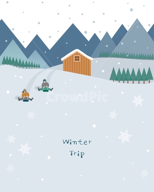 썰매,오두막,눈,눈결정,나무,산,겨울,여행,일러스트,겨울,계절,winter,season,그래픽,일러스트레이션,graphic,illustration