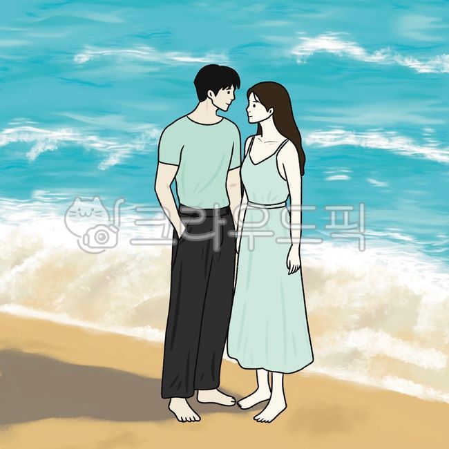 여름,휴가,바닷가,해변,커플,부부,일러스트,다정한,행복,사랑,애정,그림자,휴양지,휴식,커플룩,파도,시원한,에메랄드빛,바다,인물드로잉,디자인,원피스,맨발,연인,beach,love