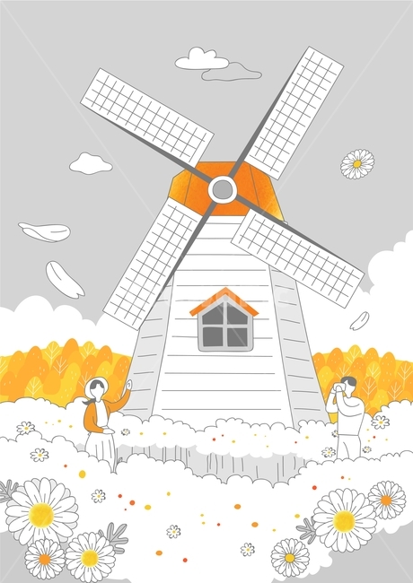 풍차,국화,커플,꽃,휴가,여행,관광,가을,라인일러스트,스케치,드로잉,가을,계절,fall,autumn,season,그래픽,일러스트레이션,graphic,illustration,building,건물
