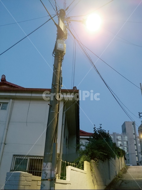 새벽,가로등,어두운,빛,골목,동네,주택