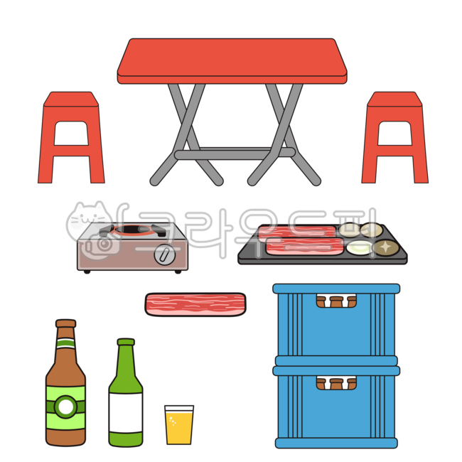 Old store,street,table,folding table,plastic chair,burner,pork belly,raw meat,restaurant,beer,alcohol,soju,beer glass,beer bottle,soju bottle,liquor bottle,empty bottle box