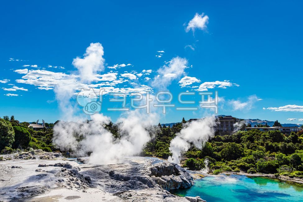 brimstone,forest,differentiation,Spa,geology,summer,scene,cloud,mountain,sight,Rotorua,volcano,sky,green,vapor,nature,tree,water,geyser,New Zealand,blue,outdoors,eruption,lake