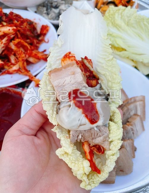 Meat wrap,Bossam,pork,boiled pork,pig,raw food,Kimchi filling,boiled meat,super long,cooking,cave,kimchi,cook,Oyster Bossam,wrapping,food,meal,Super red pepper paste,dish,napa cabbage,meat,raw oysters