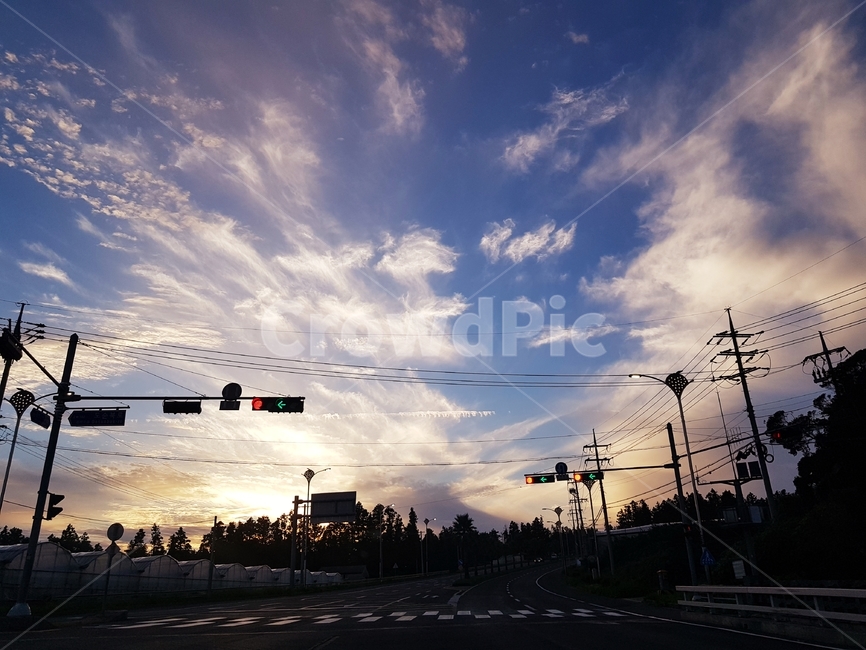 도로,신호등,노을진도로,road,깃털구름