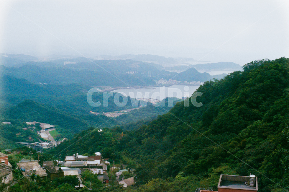 대만,지우펀,풍경,바다,언덕,산,흐린날