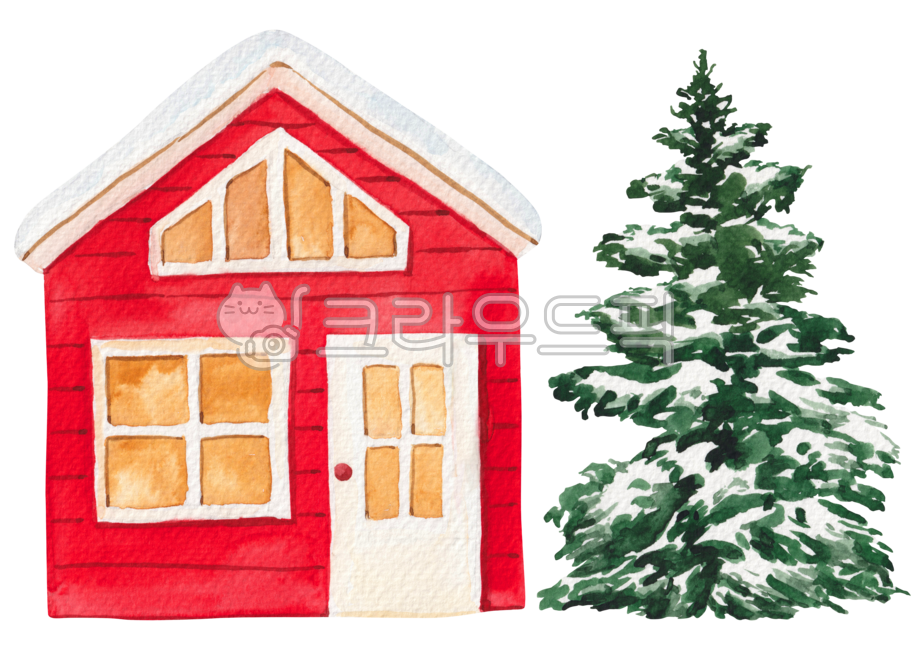 일러스트,일러스트레이션,드로잉,그림,수채화,수작업,손그림,크리스마스,성탄절,겨울,시즌,집,주택,목조주택,전원주택,눈쌓인,눈,빨간색,빨간,소나무,전나무,크리스마스트리,트리,나무,식물,watercolor,illustration,painting,hand,drawn,christmas,xmas,winter,season,house,fir,tree,red,green,snow