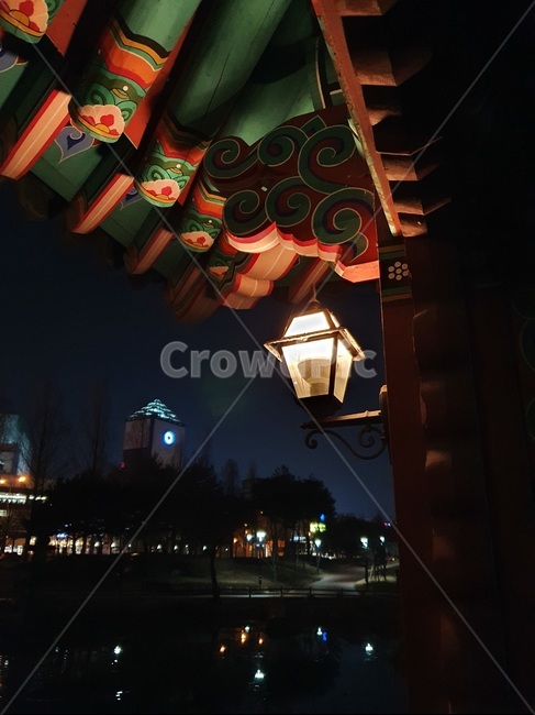 architecture,건축물,lantern,temple,사원,한국,korea,전통,tradition,유림공원,한옥,처마,전등,밤,night,공원,호수,park,lake