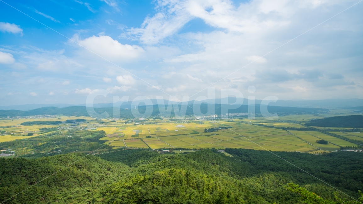 blue sky,birdseye view,rural area,clouds,summit,healing,flat,clear weather,Gyeongju Namsan,nature,countryside,clear sky,white clouds,hiking,Geumojeong,tranquil,clean,peaks,rice fields,green rice fields,rural scenery,comfortable,refreshing,full shot,rural 