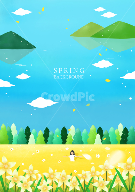 수선화,꽃밭,산,바다,구름,나무,봄,풍경,경치,여행,미니멀,봄,계절,spring,season,자연,풍경,nature,landscape,여행,휴가,traveling,vacation,trip,그래픽,일러스트레이션,graphic,illustration,art,미술