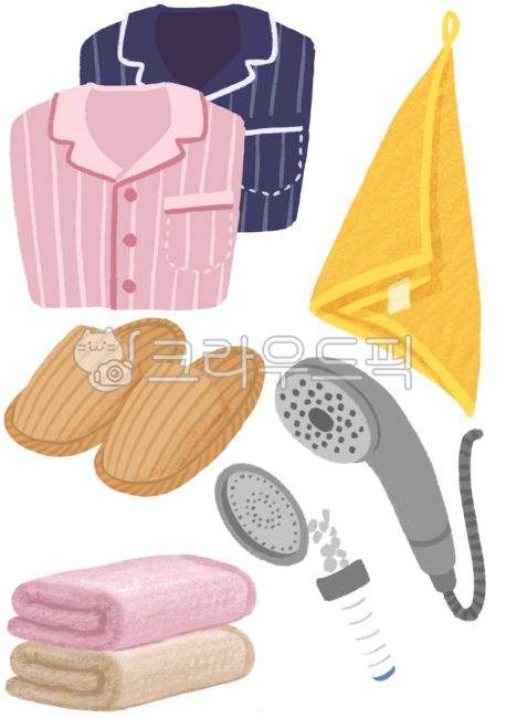 잠옷,수건,슬리퍼,샤워기,커플,행주,그림,일러스트