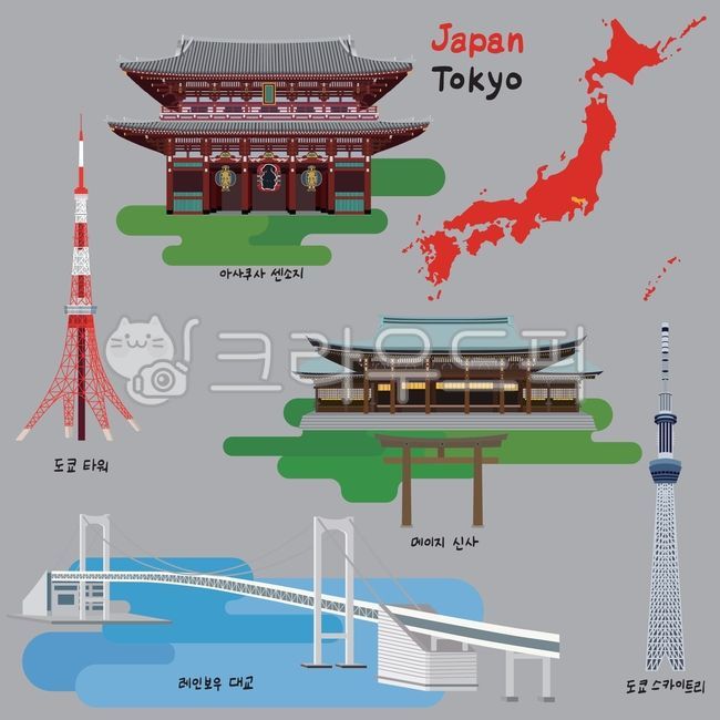 Japan,Japan map,vector,landmark,illustration,map,building,Tokyo Tower,Rainbow Bridge,Meiji Shrine,Shrine,Asakusa,Tokyo,Tokyo map,Tokyo Skytree