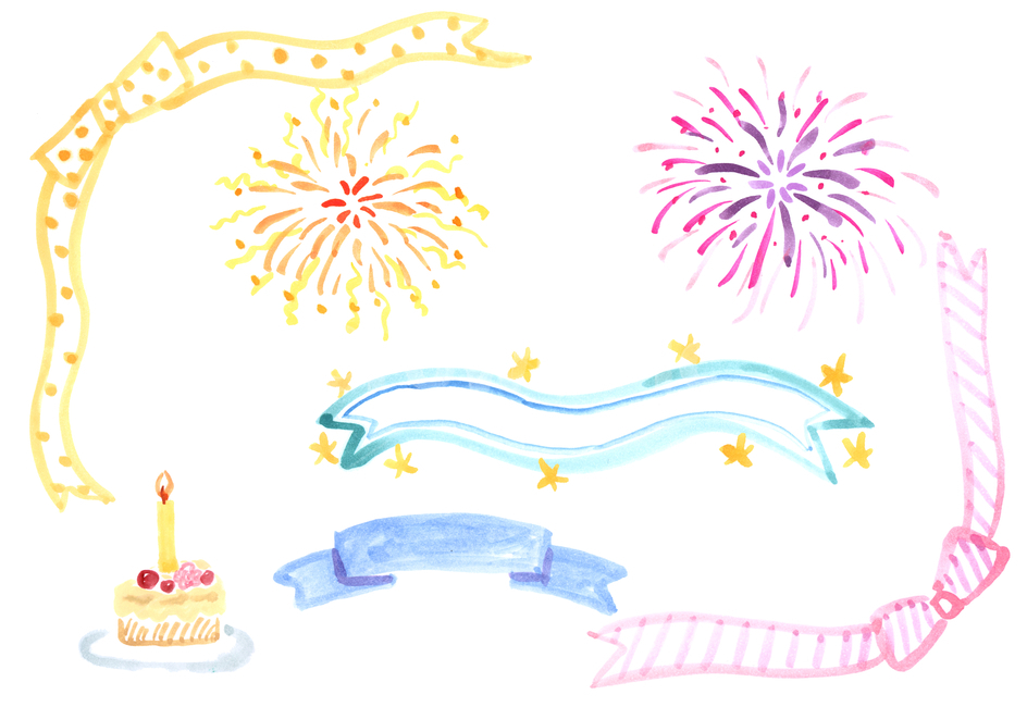 케이크,생일,폭죽,리본,불꽃,양초,불꽃놀이,축제,케잌,초,생일케잌,현수막,이벤트,파티,장식,수작업,수채화,손그림,일러스트,삽화,물감,그래픽,일러스트레이션,graphic,illustration
