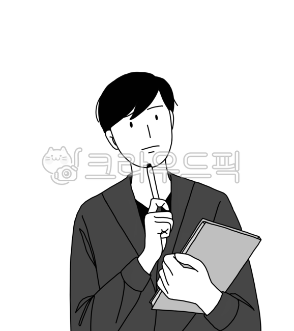고민,일러스트,인턴,걱정,남자,의사,레지던트,수첩,책,의심,곰곰,생각,볼펜,회사,회사원,학생,대학생,의대,간호사,연구원,흑백