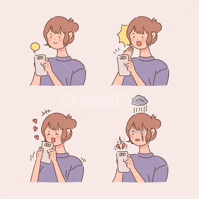 폰,스마트폰,핸드폰,휴대폰,이용,인물,캐릭터,일러스트,벡터,디자인소스,손그림,스타일,귀여운,라인일러스트,심플,메세지,말풍선,메신저,감정,표현,하트,표정,상반신,스마트폰사용,사람,인간,여자,소녀,그래픽,일러스트레이션,graphic,illustration