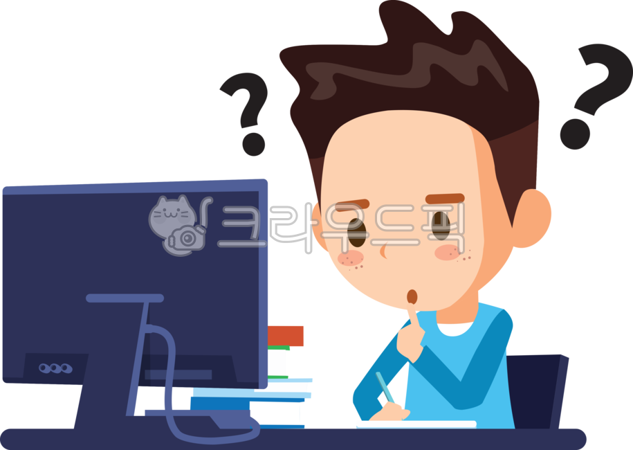 온라인교육,온라인,학생,공부,앉아있는,책상,의자,컴퓨터,모니터,수업,책,공부하는,배우다,디지털,인터넷,교육,남학생,남자,물음표,궁금한