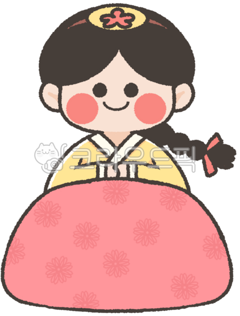 Horse,smiling face,Year of the Horse,Red Horse,Year 2026,girl,girl character,character wearing Hanbok,child,child,girl child,braided hair,girl with braided hair,sitting child,girl wearing Hanbok,pink skirt,yellow jeogori,Hanbok,bow,New 