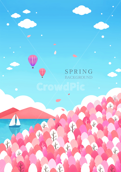 열기구,구름,요트,배,벚꽃나무,봄,풍경,경치,여행,미니멀,봄,계절,spring,season,자연,풍경,nature,landscape,여행,휴가,traveling,vacation,trip,그래픽,일러스트레이션,graphic,illustration,art,미술