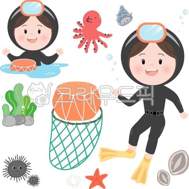 해녀,해녀일러스트,제주해녀,제주해녀그림,해녀그림,제주해녀일러스트,해녀이미지,테왁,해녀캐릭터,문어,불가사리,조개,전복,미역,스티커,제주스티커,해녀스티커,다꾸스티커